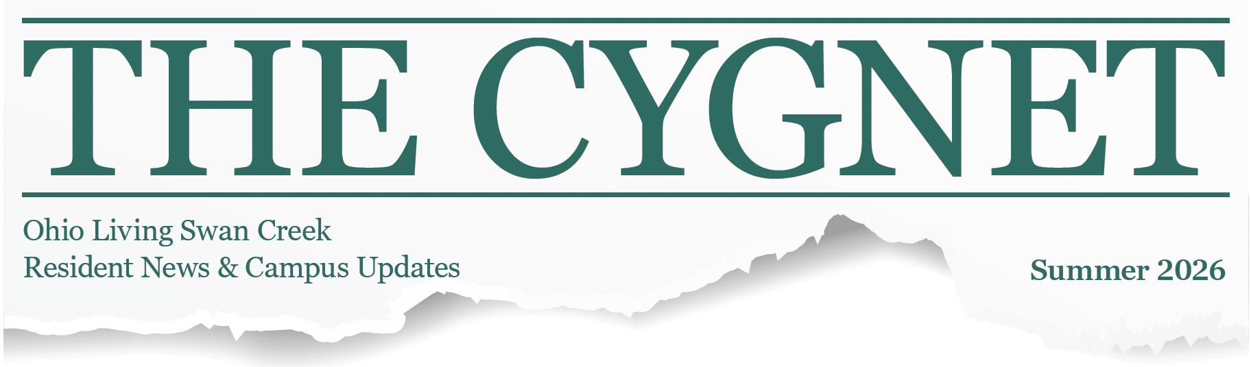 Cover of The Cygnet, Ohio Living Swan Creek's Summer 2026 resident newsletter. The design features the publication title, 