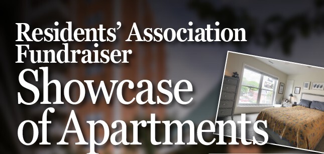 Graphic promoting a “Residents’ Association Fundraiser Showcase of Apartments,” featuring large white text over a dark background and an inset photo of a furnished bedroom. Graphic promoting a “Residents’ Association Fundraiser Showcase of Apartments,” featuring large white text over a dark background and an inset photo of a furnished bedroom.