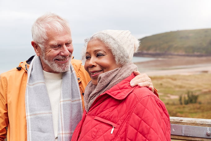 Happy senior couple spends time outdoors together. 